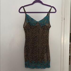 Leopard Print Slip Dress with Teal Lace